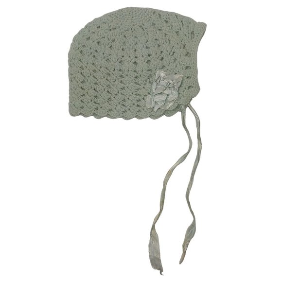 Antique Handknit Baby Hat Blue Satin Ribbon Bows Tie Newborn Small Scalloped - Picture 3 of 10